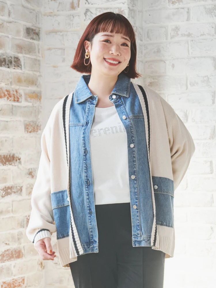 デニム切替ニットカーディガン（大きいサイズ・ぽっちゃり女子向け