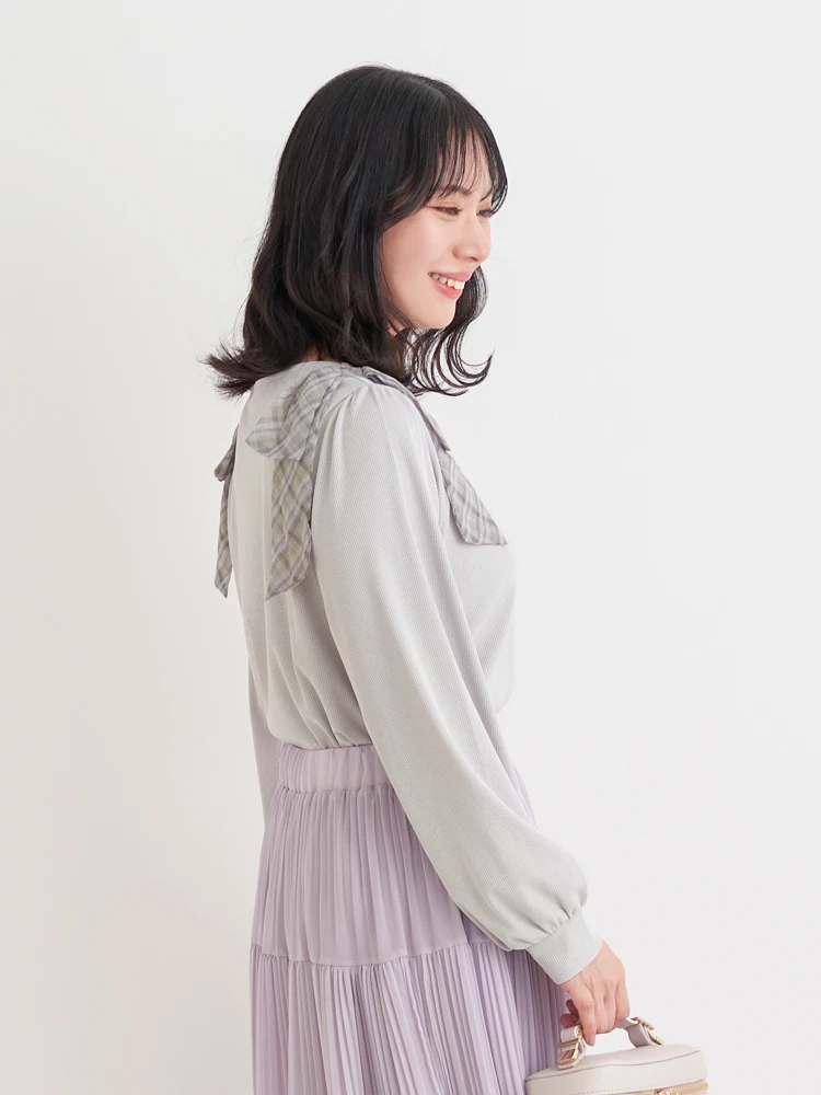 チェック柄ショルダーリボントップス（大きいサイズ・ぽっちゃり女子