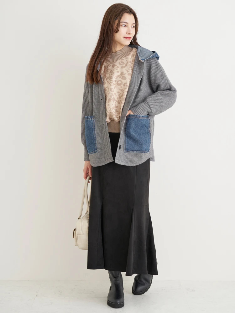 デニム切り替えフード付きニットカーディガン（大きいサイズ