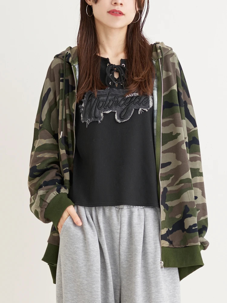 迷彩柄プリント裏毛ZIPパーカー（大きいサイズ・ぽっちゃり女子向け