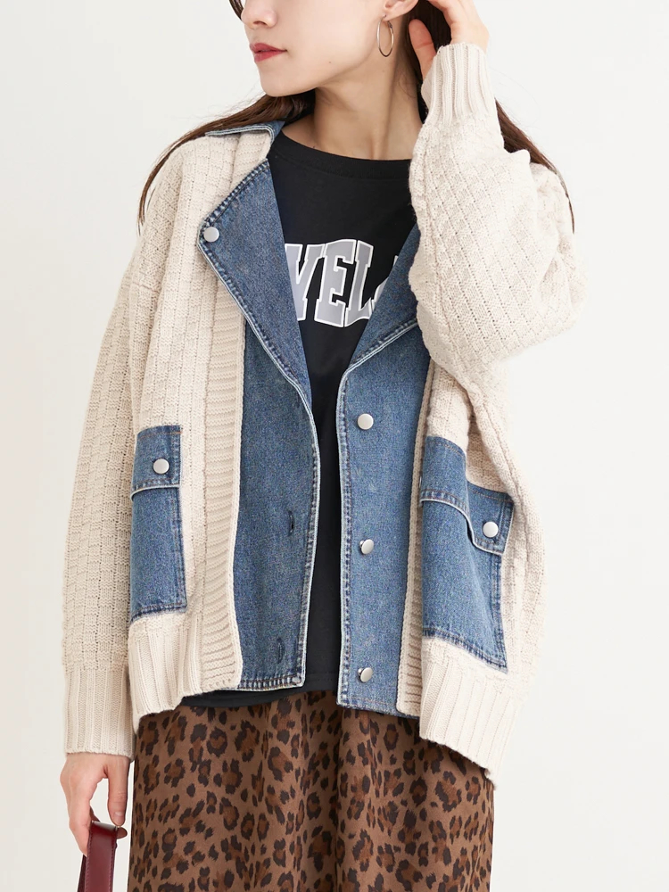 デニム切替ライダースニットジャケット（大きいサイズ・ぽっちゃり女子