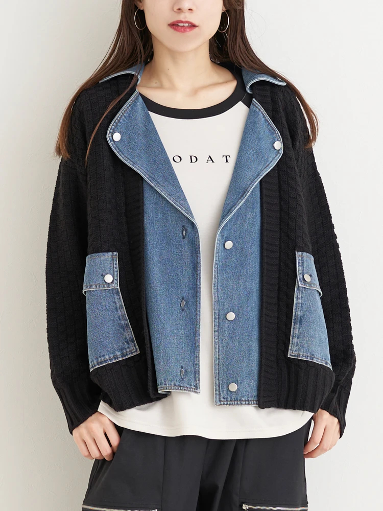 デニム切替ライダースニットジャケット（大きいサイズ