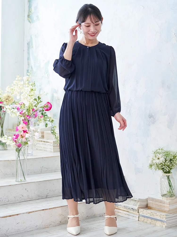 2WAY］シフォンジョーゼットプリーツワンピース（大きいサイズ