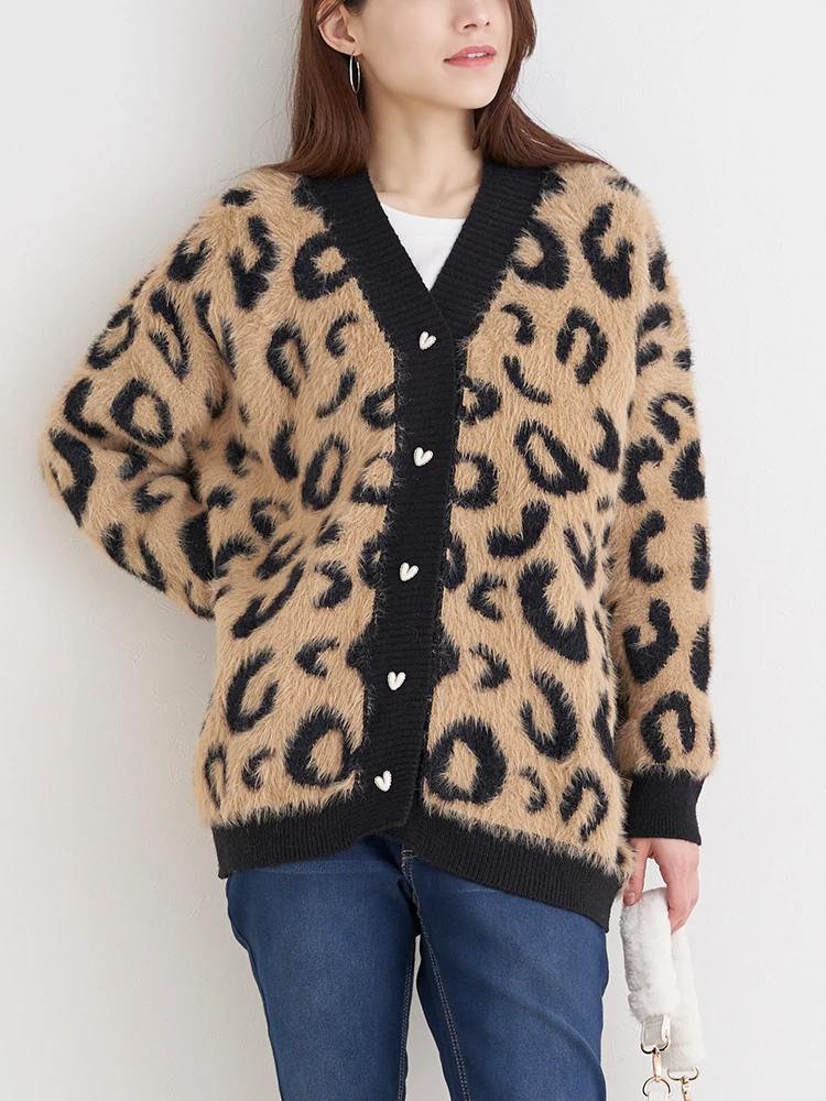 WEB限定】レオパード柄シャギーニットカーディガン（大きいサイズ