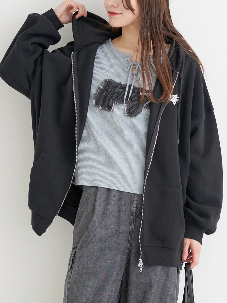 裏起毛BACKワッペンジップパーカー（大きいサイズ・ぽっちゃり女子向け