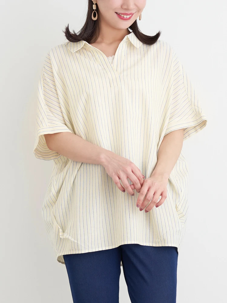 涼風リネン】スキッパーネックブラウス（大きいサイズ・ぽっちゃり女子