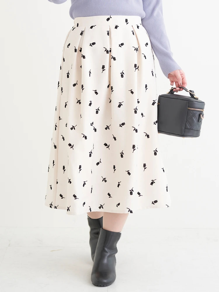 フロッキープリントミディスカート（花柄・ドット柄）（大きいサイズ