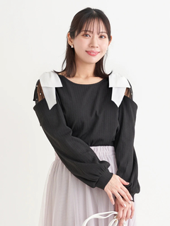 Re-J＆SUPURE(リジェイ＆スプル) |肩チュールシアーパール付きリボントップス