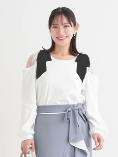 Re-J＆SUPURE(リジェイ＆スプル) |肩チュールシアーパール付きリボントップス