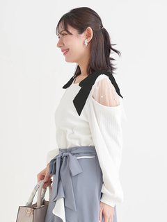 Re-J＆SUPURE(リジェイ＆スプル) |肩チュールシアーパール付きリボントップス