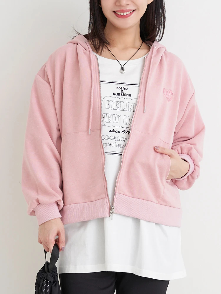 I ♥ NY 薄いピンク フード付きパーカー ピグメントハートロゴWZIPパーカー（大きいサイズ・ぽっちゃり女子向け
