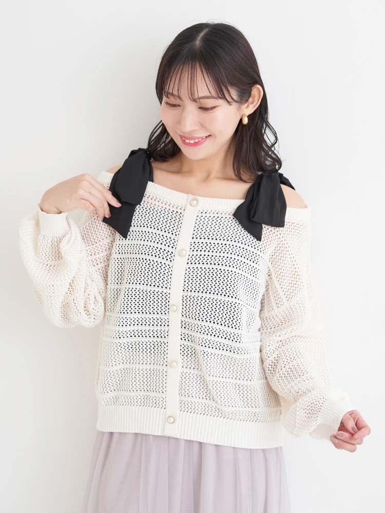 WEB限定】ショルダーリボンラメ入りオフショルニットトップス（大きい