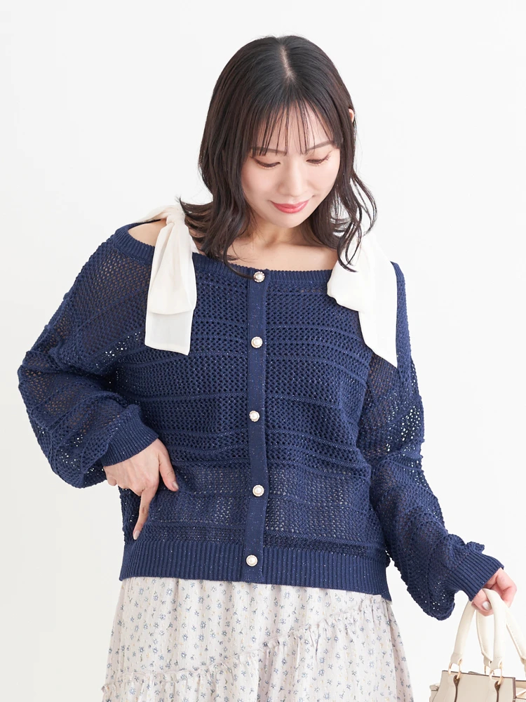 WEB限定】ショルダーリボンラメ入りオフショルニットトップス（大きい