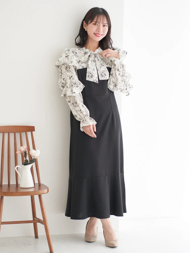 WEB限定】フリルボウタイブラウスドッキングワンピース（花柄・ドット