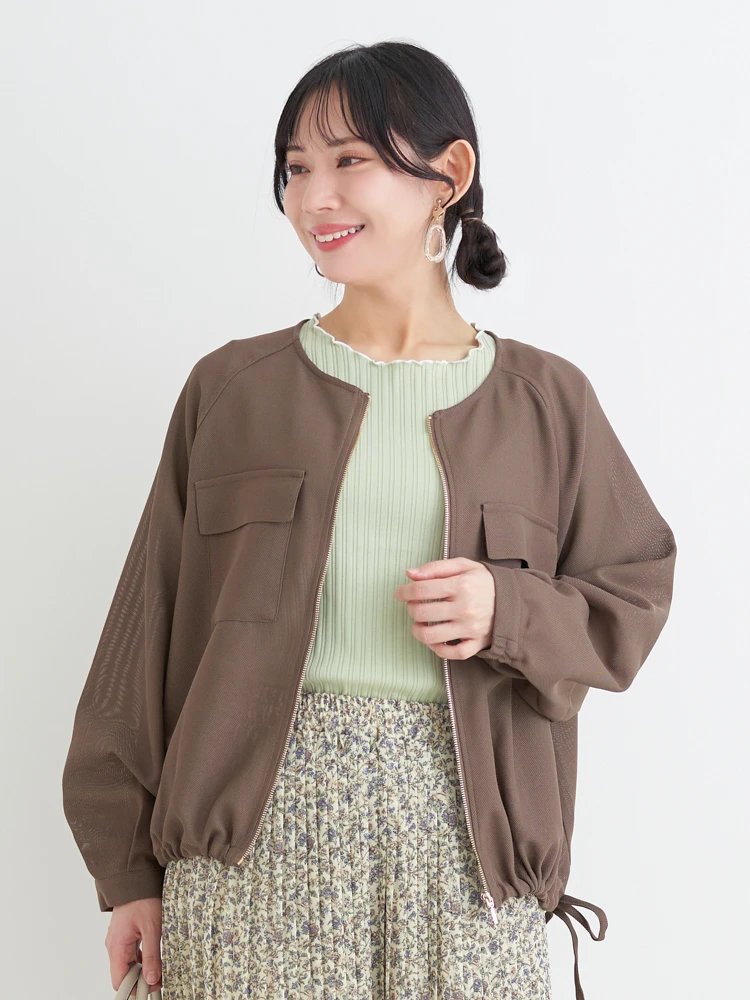 慈雨　ベージュ アシンメトリー ジャケット メッシュZIPジャケット（大きいサイズ・ぽっちゃり女子向け