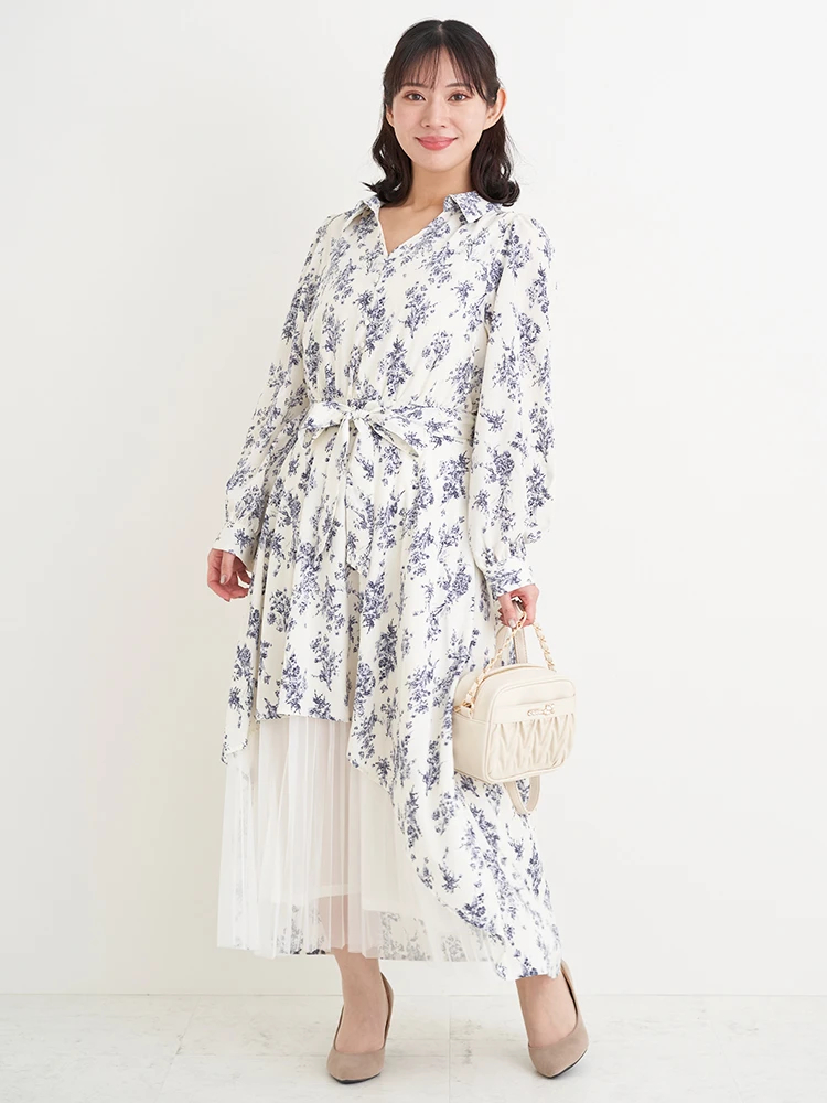 裾チュールアシメ切り替え花柄シャツワンピース（大きいサイズ