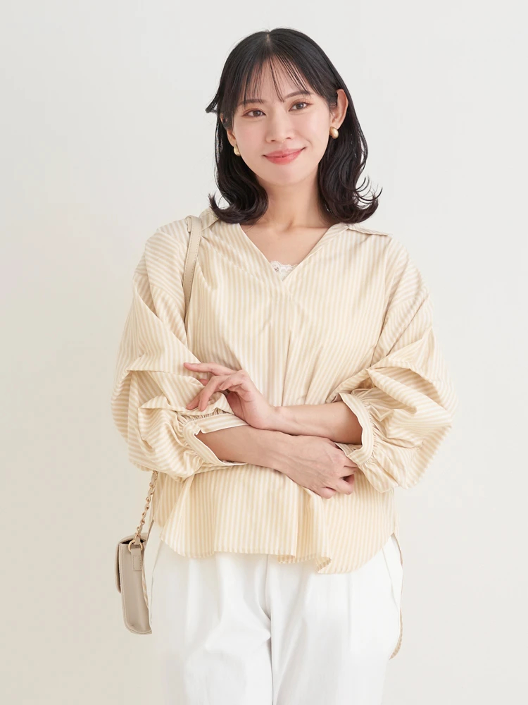 ストライプ柄タックスリーブスキッパーシャツ（大きいサイズ