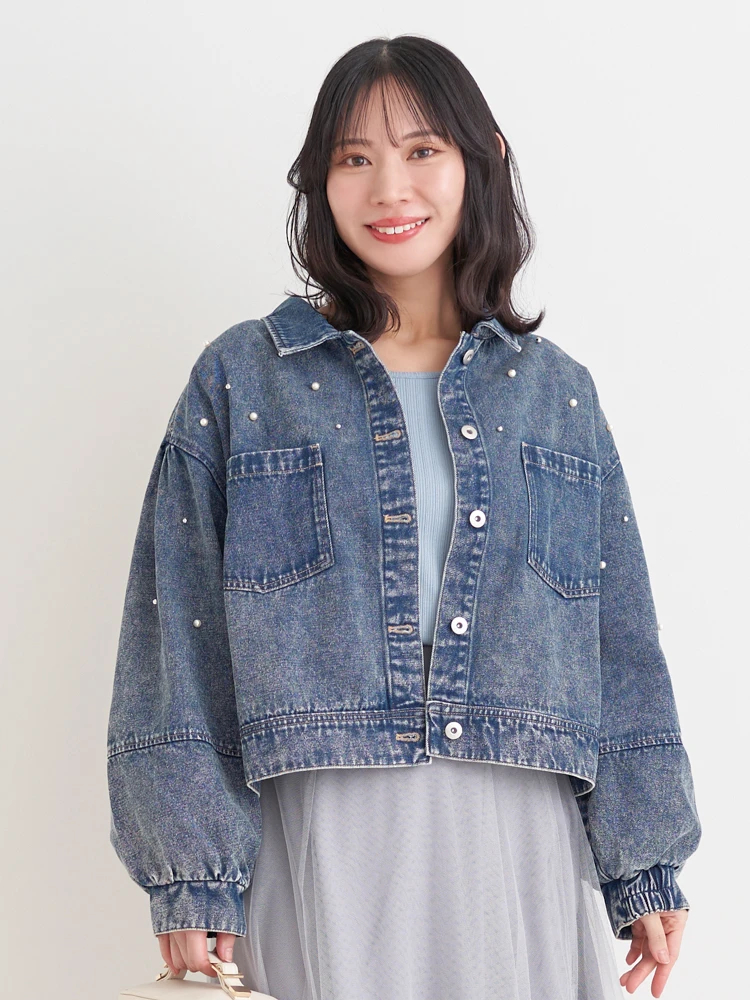 WEB限定】パール×ビジューデニムジャケット（大きいサイズ・ぽっちゃり