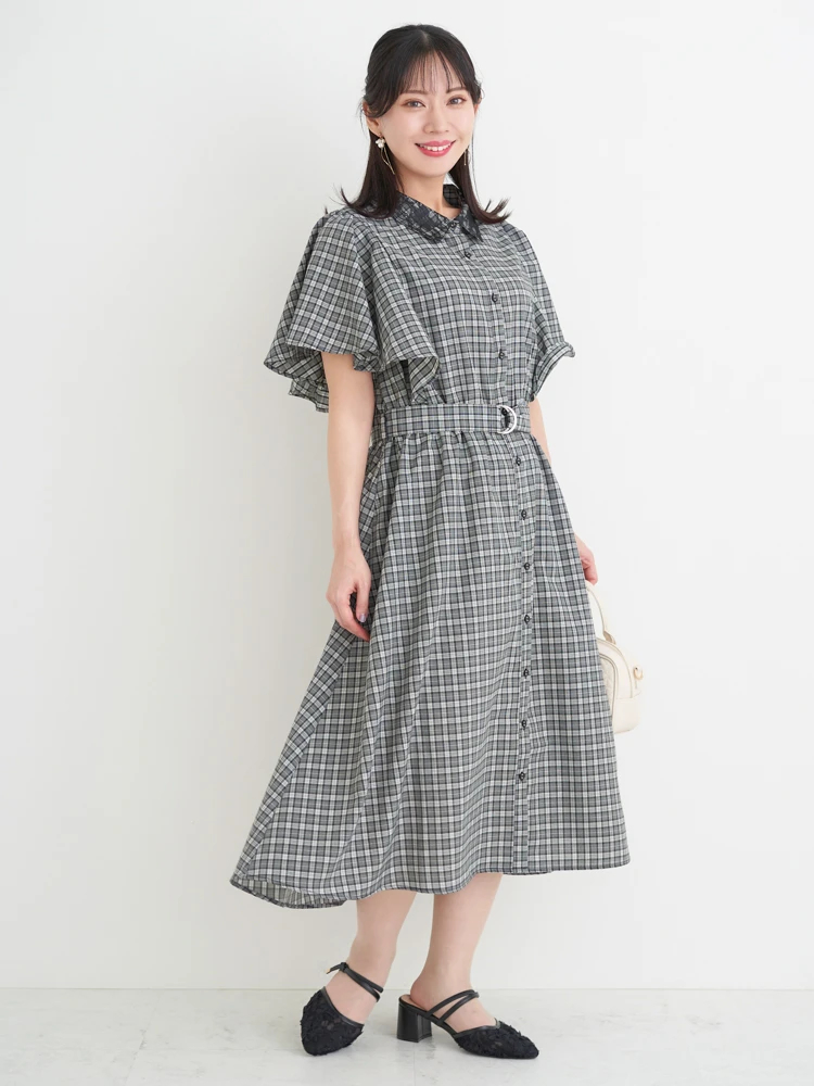 レース襟フレアスリーブチェック柄シャツワンピース（大きいサイズ