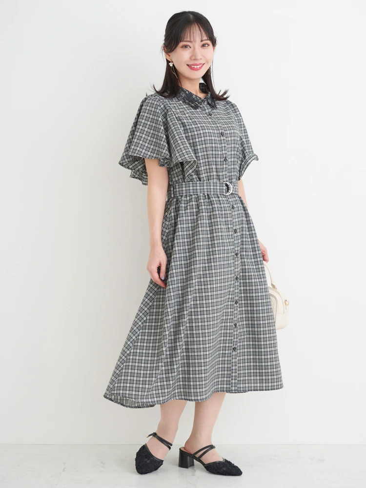 レース襟フレアスリーブチェック柄シャツワンピース（大きいサイズ