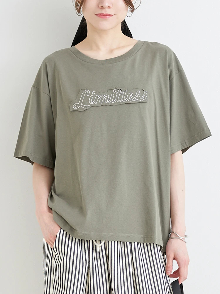 接触冷感】ロゴ刺繍Tシャツ（大きいサイズ・ぽっちゃり女子向け