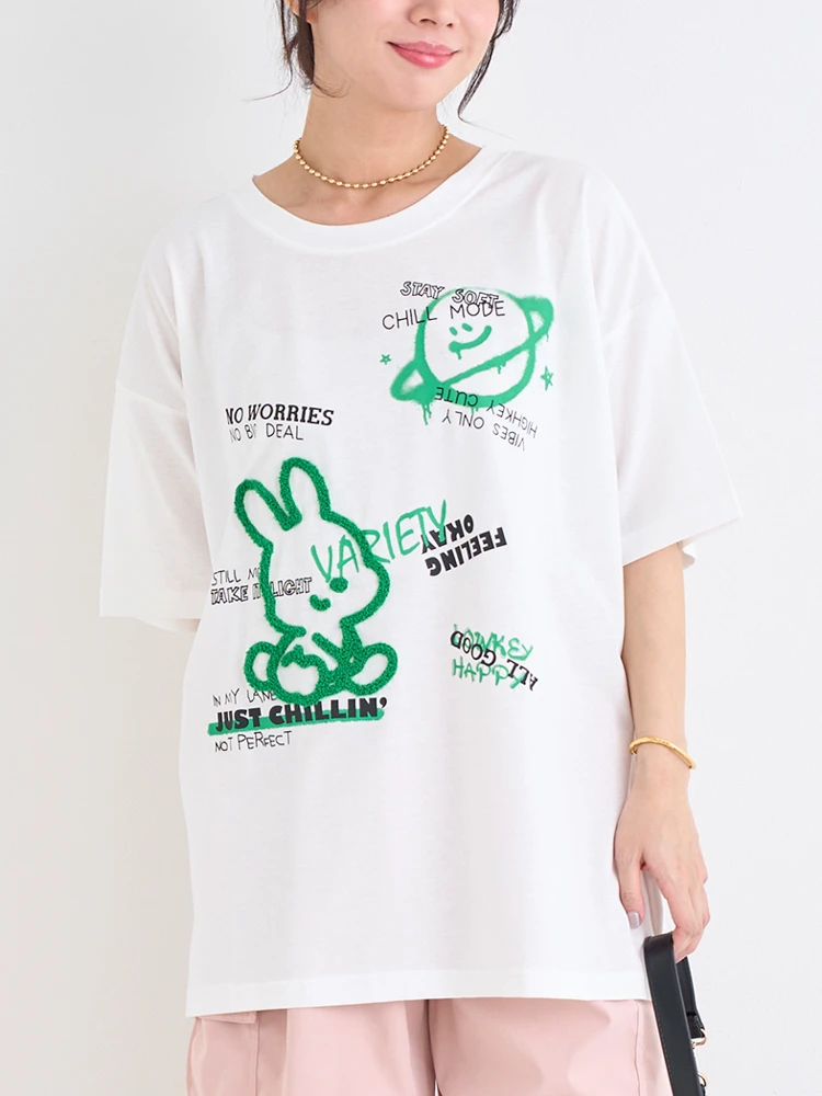 ウサギ×惑星プリントTシャツ（大きいサイズ・ぽっちゃり女子向け