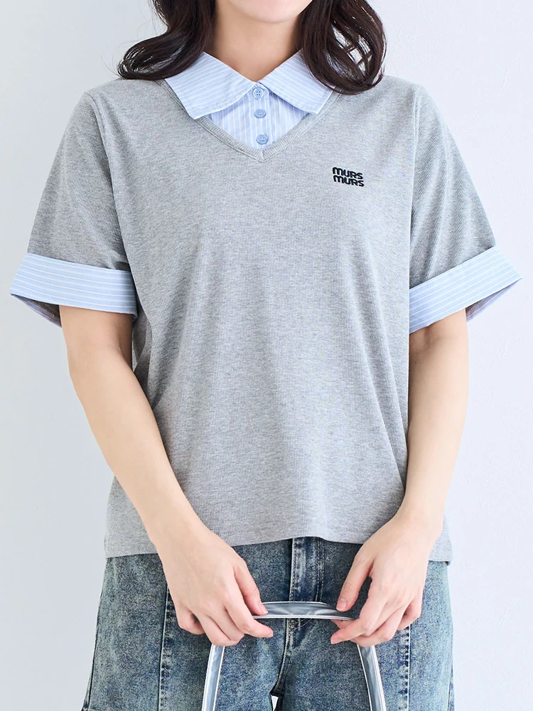 WEB限定】シャツレイヤード風トップス（大きいサイズ・ぽっちゃり女子