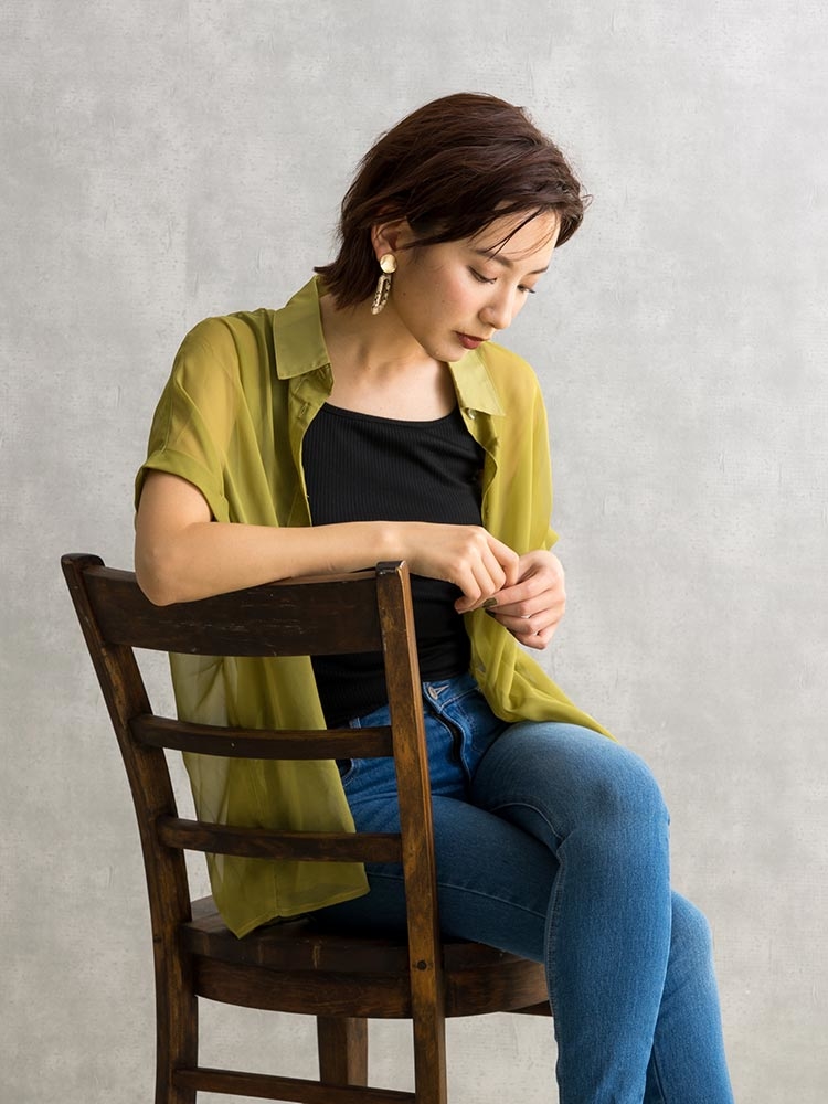 無地シアー半袖シャツアンサンブル（シャツ・ブラウス｜白・カーキ・青 