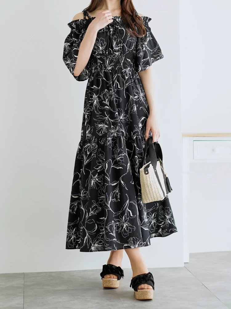 雪花絞り　ワンピース セール】 スラブベア天竺×雪花絞りプリントワンピース （ロング