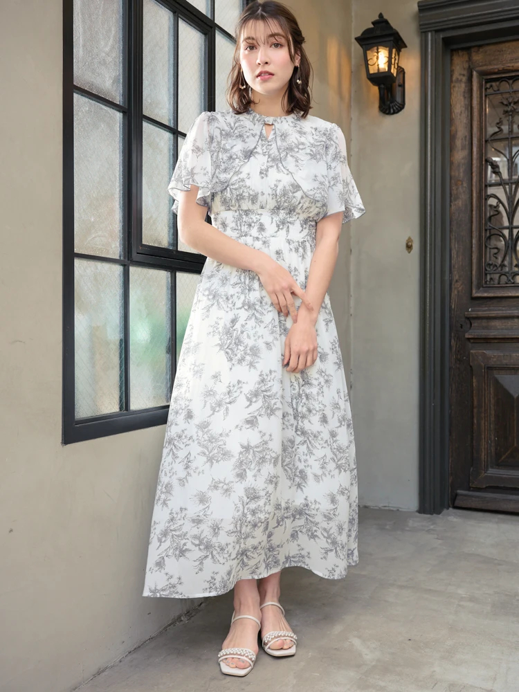 海外買い付け　ケープ付き刺繍入りシフォンワンピース 刺繍チュール使ケープワンピース | axes femme online shop