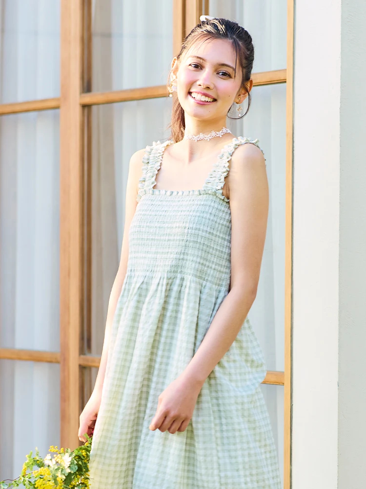 Fano Studios チェック柄シャーリングキャミワンピース（Fano