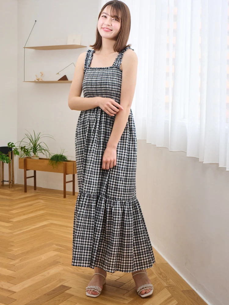 ワンピース ロング ギンガムチェック シャーリング 大人可愛い 美品／ SNIDEL ギンガムチェック シャーリング ロングワンピース