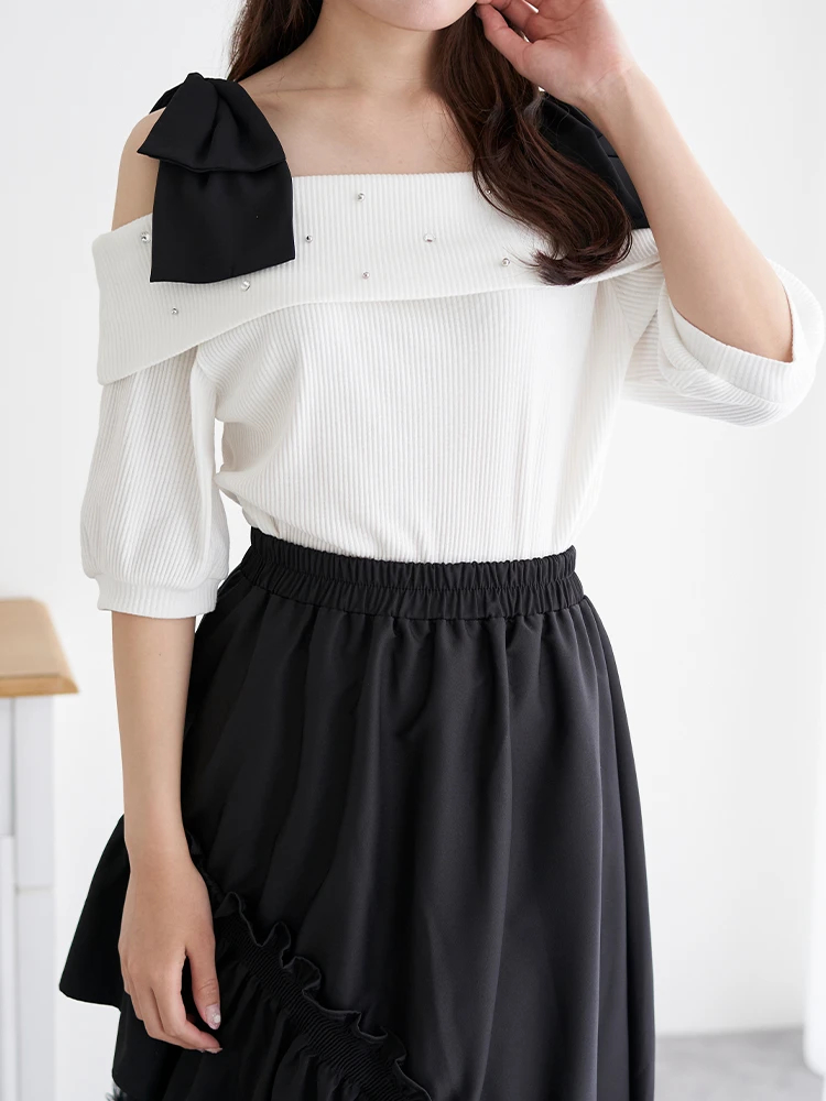 オフショルリボントップス リボンオフショルチュールTOPS(M IVORY): トップス｜PMbox