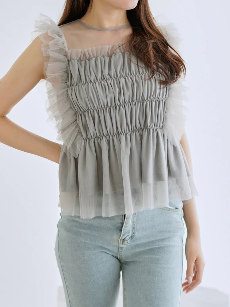 SNSで話題！大人の上品可愛い】チュールフリル使いノースリーブ