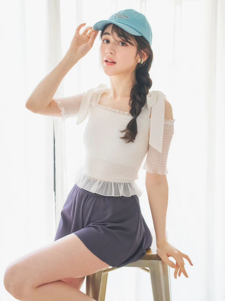 シャーリング×オフショル水着 スイムウェア 3点セット（水着プロパー