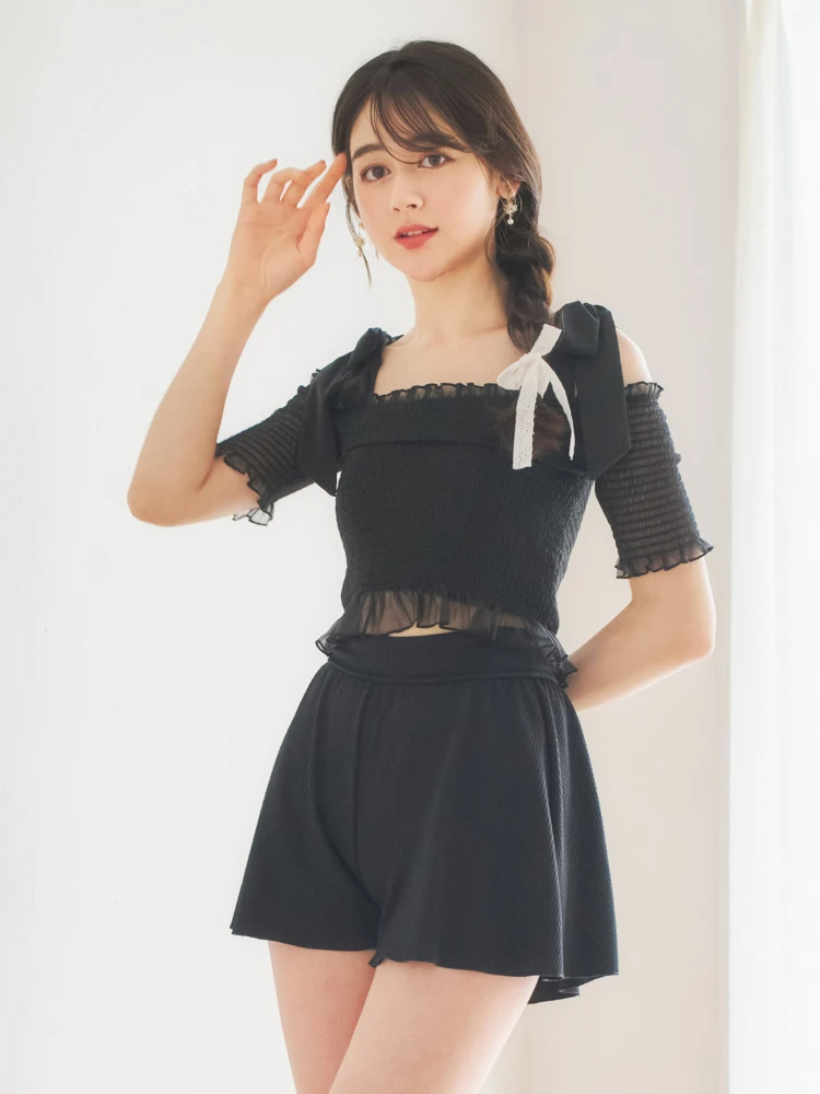 シャーリング×オフショル水着 スイムウェア 3点セット（水着プロパー