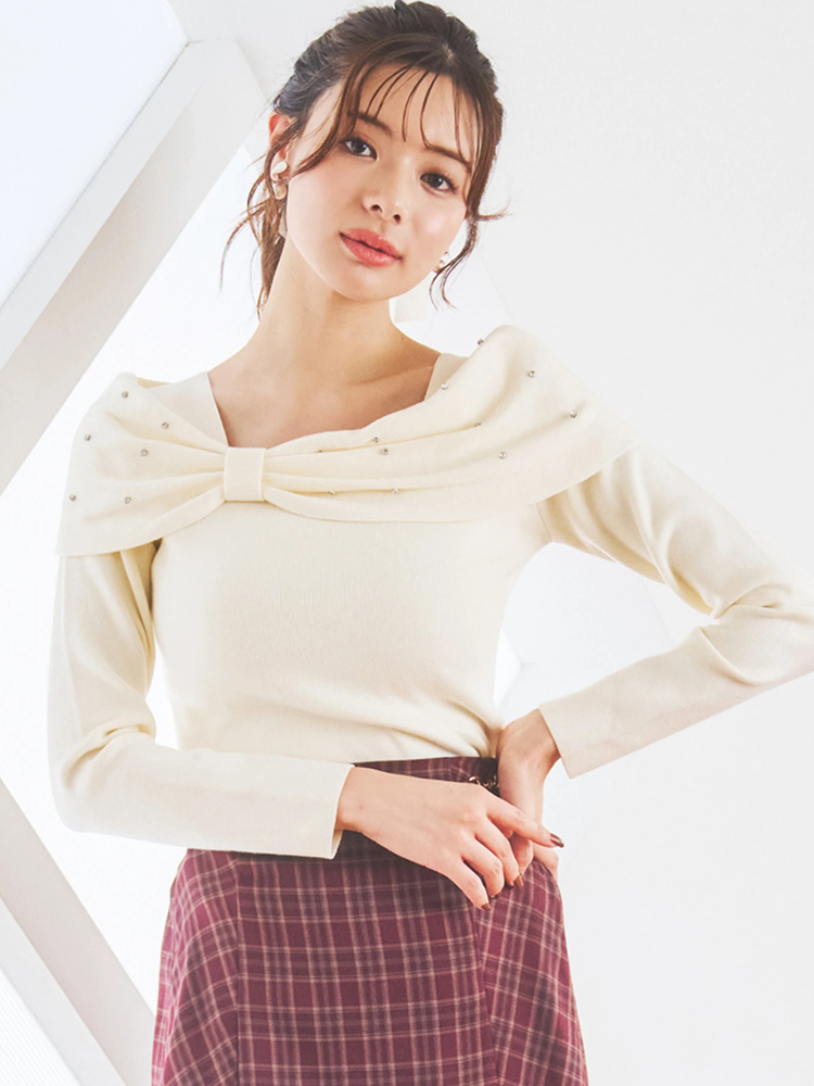 LUDIC PARK(ルディックパーク) |ビジュー付きリボンオフショルニットトップス