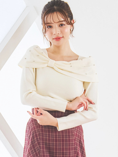 LUDIC PARK(ルディックパーク) |ビジュー付きリボンオフショルニットトップス