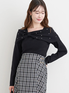 LUDIC PARK(ルディックパーク) |ビジュー付きリボンオフショルニットトップス