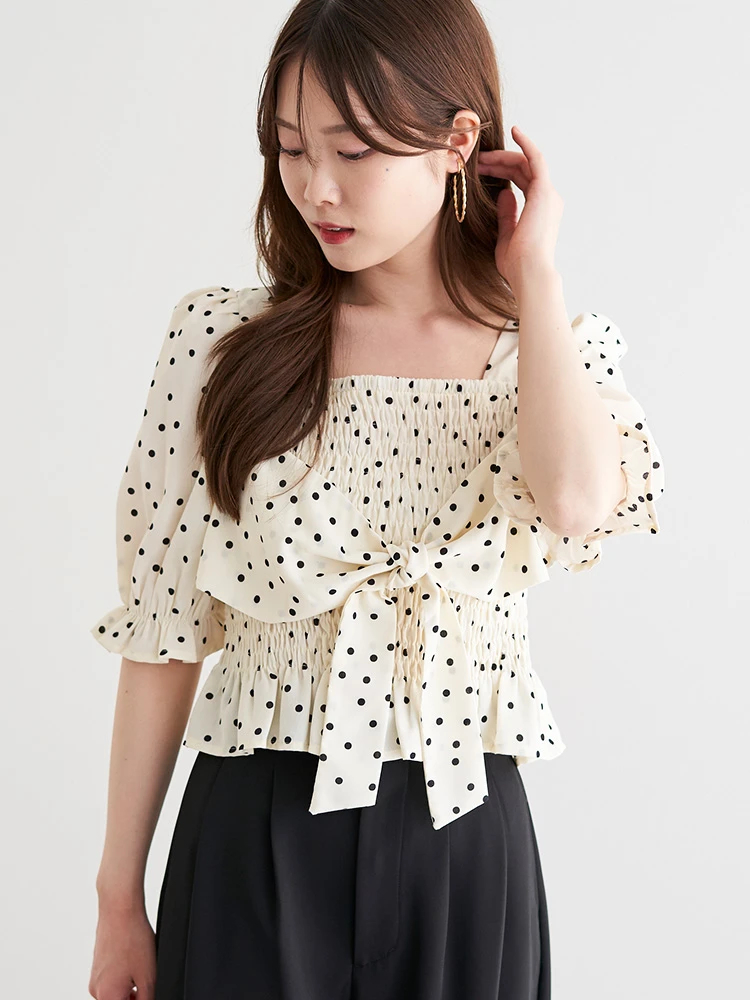 LUDIC PARK(ルディックパーク) |ドット柄シャーリングリボンブラウス