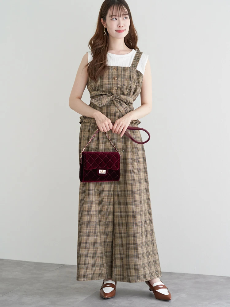 SET]チェック柄ウエストリボンビスチェ×ワイドパンツセットアップ