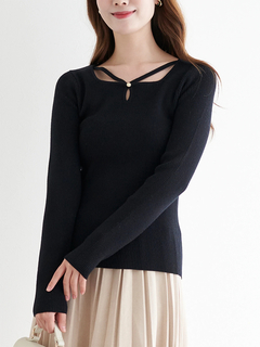 LUDIC PARK(ルディックパーク) |パール付きクロスリブニットトップス