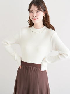 LUDIC PARK(ルディックパーク) |襟ビジューパール付きリブニットトップス