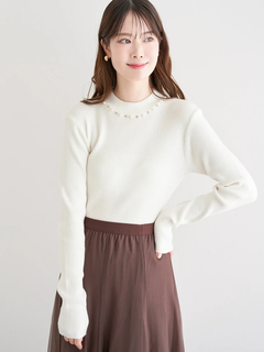 LUDIC PARK(ルディックパーク) |襟ビジューパール付きリブニットトップス