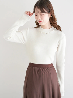 LUDIC PARK(ルディックパーク) |襟ビジューパール付きリブニットトップス
