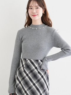 LUDIC PARK(ルディックパーク) |襟ビジューパール付きリブニットトップス