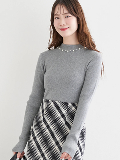 LUDIC PARK(ルディックパーク) |襟ビジューパール付きリブニットトップス