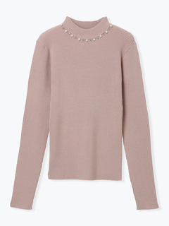 LUDIC PARK(ルディックパーク) |襟ビジューパール付きリブニットトップス