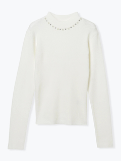LUDIC PARK(ルディックパーク) |襟ビジューパール付きリブニットトップス