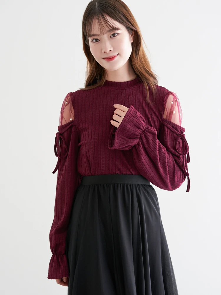 LUDIC PARK(ルディックパーク) |肩チュールシアーパール付きリボントップス